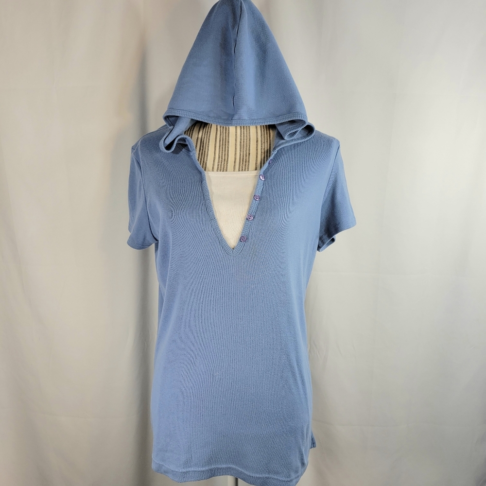 Fashion Bug Blue & White Layered Look Short Sleeve Hoodie Plus Size 14/16W